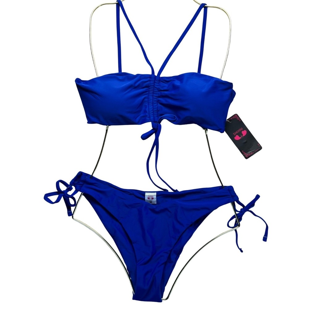 SHEKINI Royal Blue Ruched String Tie Bikini Bandeau Halter NWT Swimsuit Sexy M